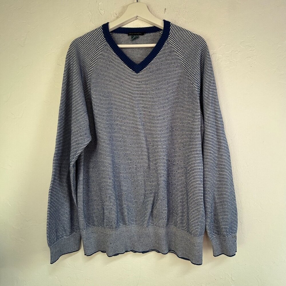 French Connection Mens Blue White Striped V-Neck Sweater Large Pullover Casual